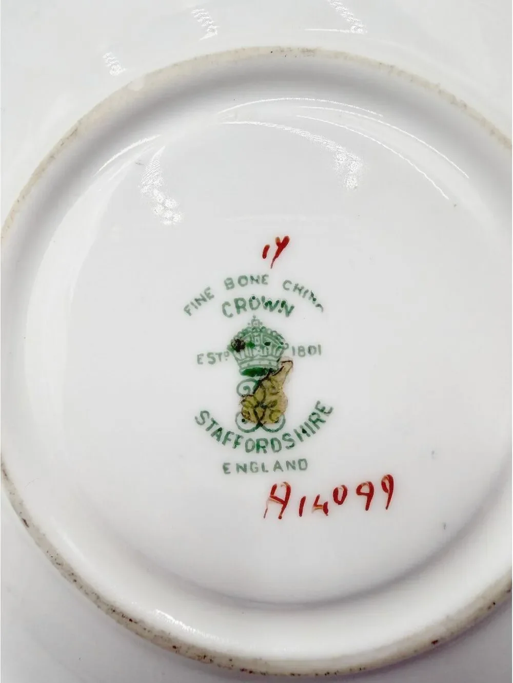Crown Staffordshire Vintage Teacup Saucer Green Gold Floral Bone China A14099